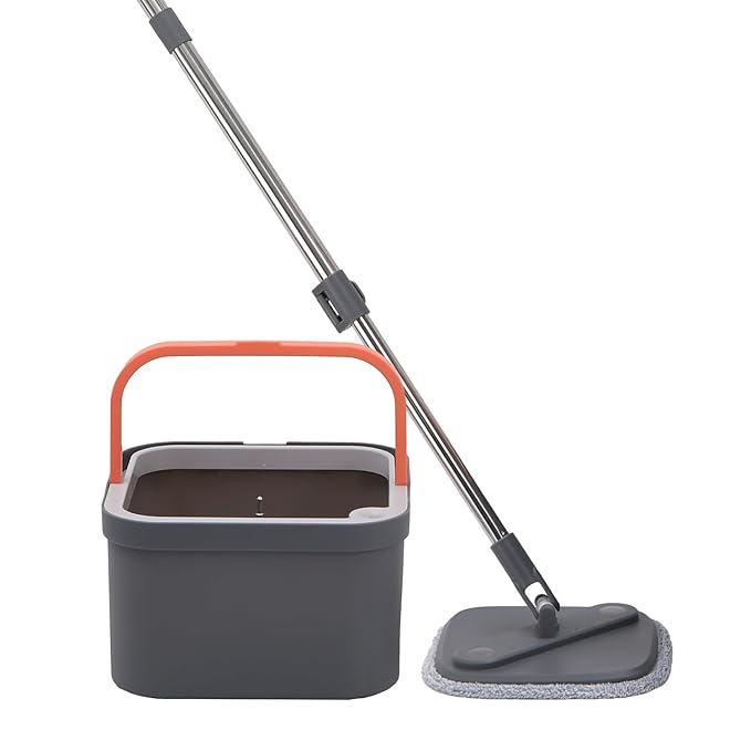 Spin Mop with Square Bucket Deluxe System Set and Reusable Microfiber Pads for Wet & Dry Glass, Wall, Tile and Home Floor Cleaning - Grey and Orange