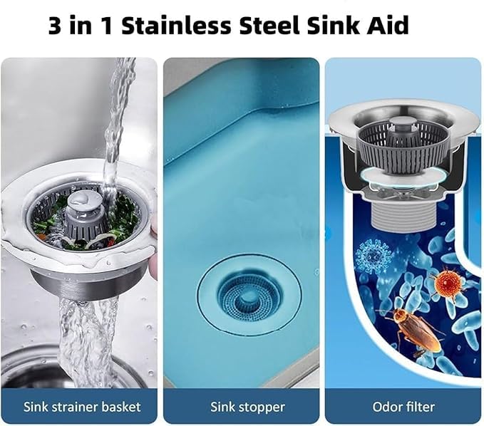 Sink Strainer Kitchen 3 in 1 Sink Drain Strainer Stopper Set Sink Jali Filter Stopper Drainer for Washing Basin