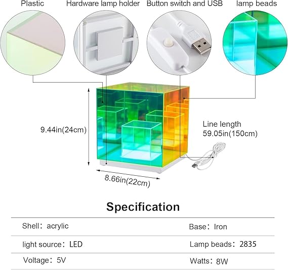 3D Infinity Cube Acrylic RGB Lamp, Decorative USB Rechargeable Acrylic Night Light, 3 Modes Stepless Dimming Touch Party Light Night Lamp (10 cm, Multicolor)