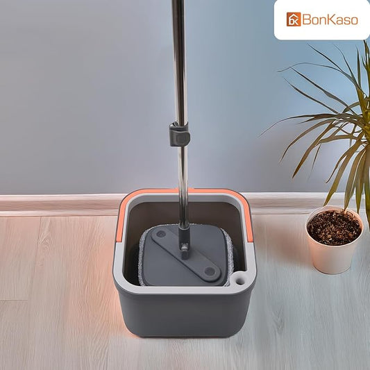 Spin Mop with Square Bucket Deluxe System Set and Reusable Microfiber Pads for Wet & Dry Glass, Wall, Tile and Home Floor Cleaning - Grey and Orange