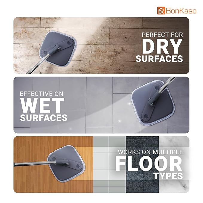 Spin Mop with Square Bucket Deluxe System Set and Reusable Microfiber Pads for Wet & Dry Glass, Wall, Tile and Home Floor Cleaning - Grey and Orange